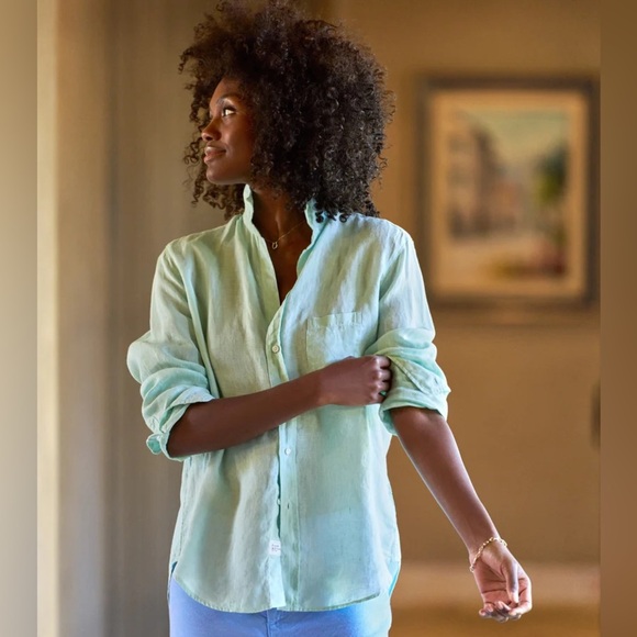 Frank & EileenWomen’s turquoise semi sheer light cotton Barry button down top